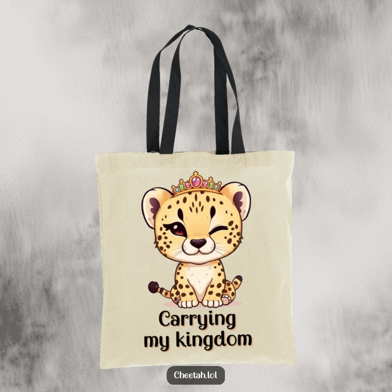 Funny cheetah cub winking, adjusting a tiny tiara, printed on a stylish tote bag, perfect for carrying treasures.
