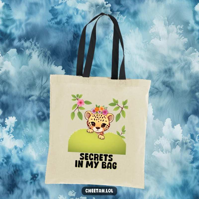 Funny mischievous cheetah cub peeking with a floral crown, this tote bag is a cute and funny gift.