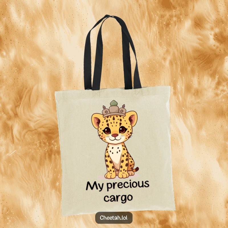 Funny proud cheetah cub wearing a stone crown, standing tall, this tote bag is a symbol of strength.