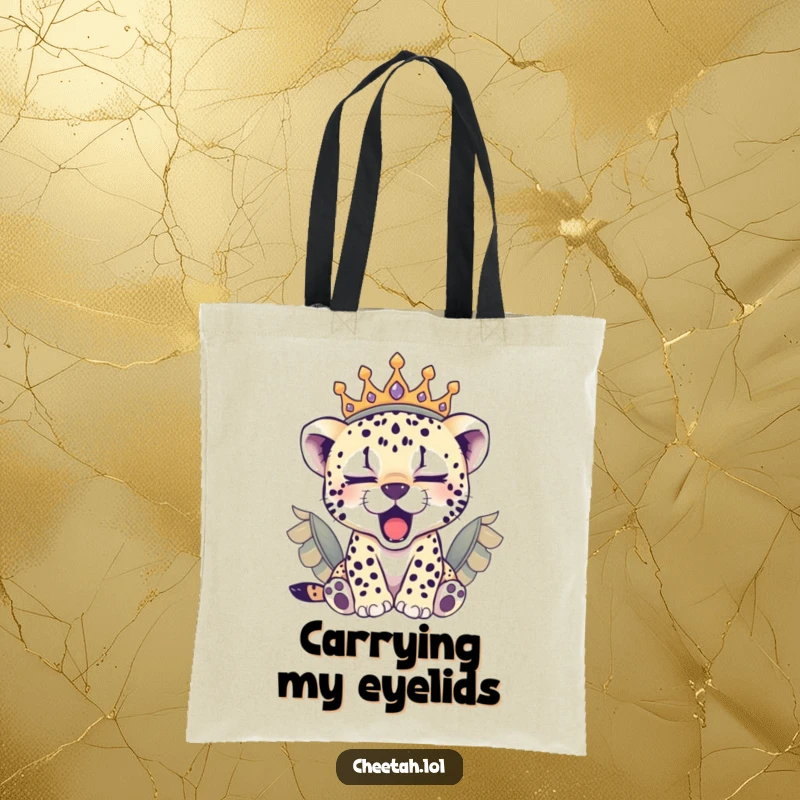 Funny sleepy cheetah cub in a feathered crown yawning, this tote bag is a cute and funny gift.