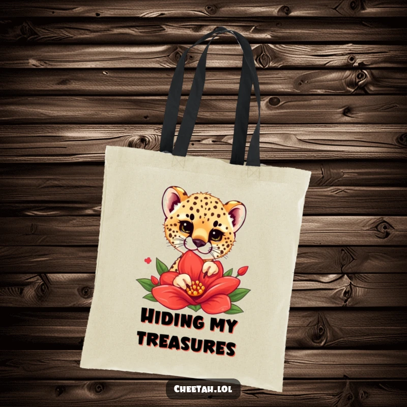 Funny tote bag featuring a cheetah cub playfully peeking from behind a red flower, perfect for carrying essentials with a touch of whimsy.