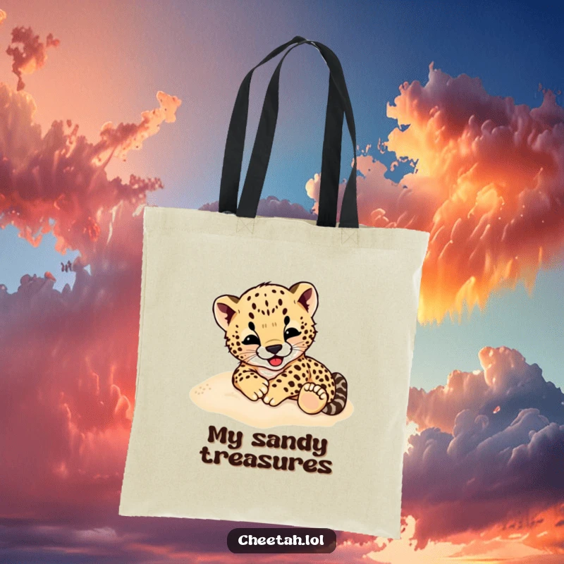 Funny Cheetah Cub Tote Bag: A spacious tote bag featuring a cheetah cub gleefully rolling around in the sand.