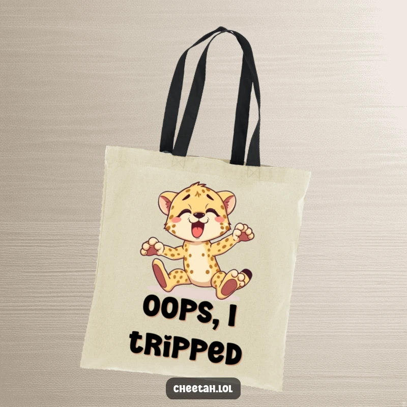 Funny cheetah tote bag depicting a surprised cheetah tripping over its paws, perfect for shopping and daily use.