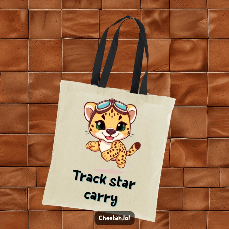 Funny cheetah cub racing tote bag with a grinning cub in goggles, perfect for carrying items with speed and humor.